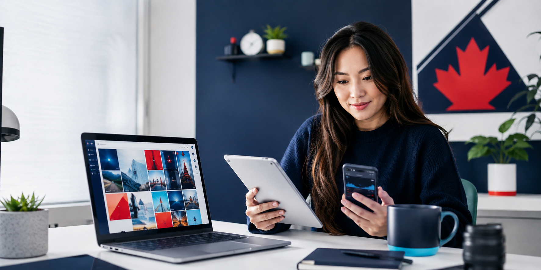Professional creator using a laptop, tablet and phone