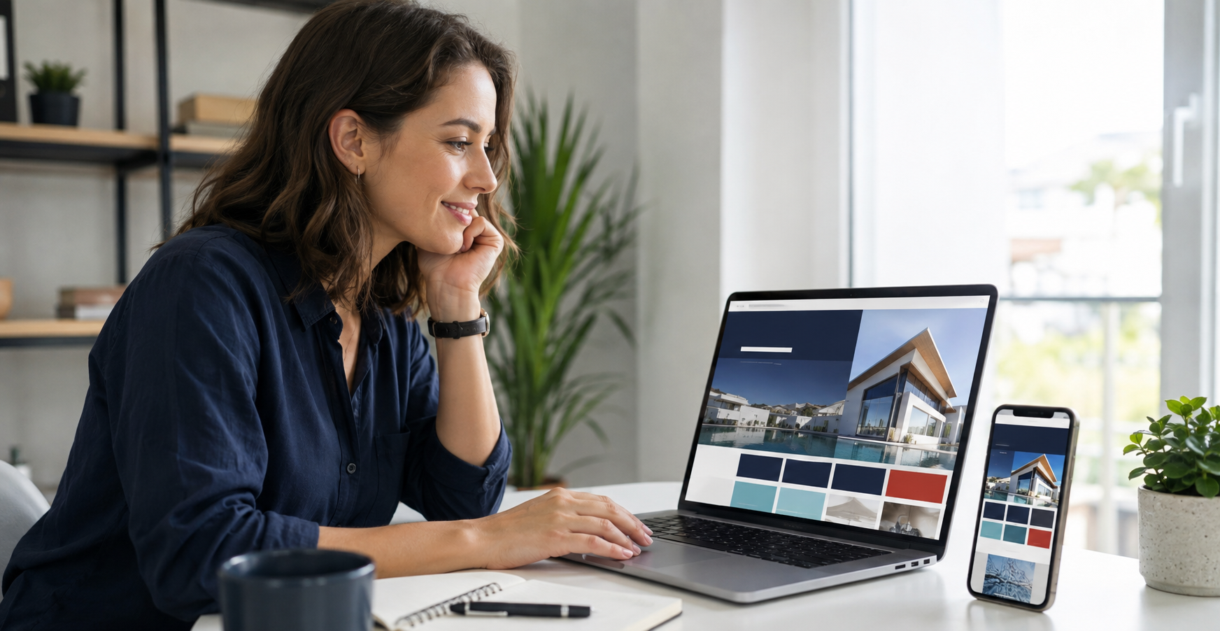 Professional reviewing a responsive website on a laptop and phone
