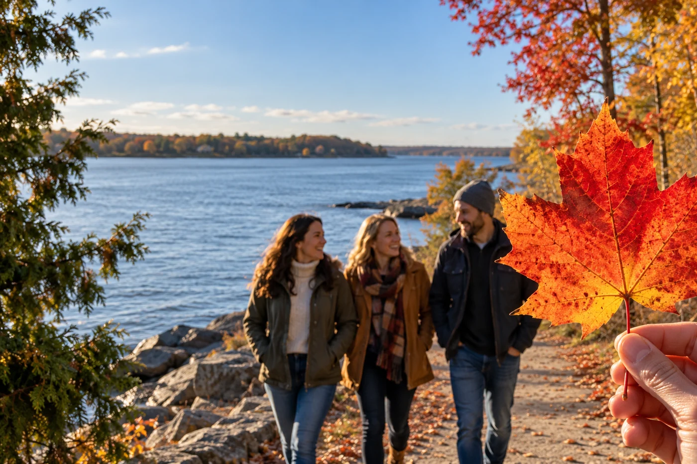 Autumn community photography concept: a large maple leaf beside the St. Lawrence River