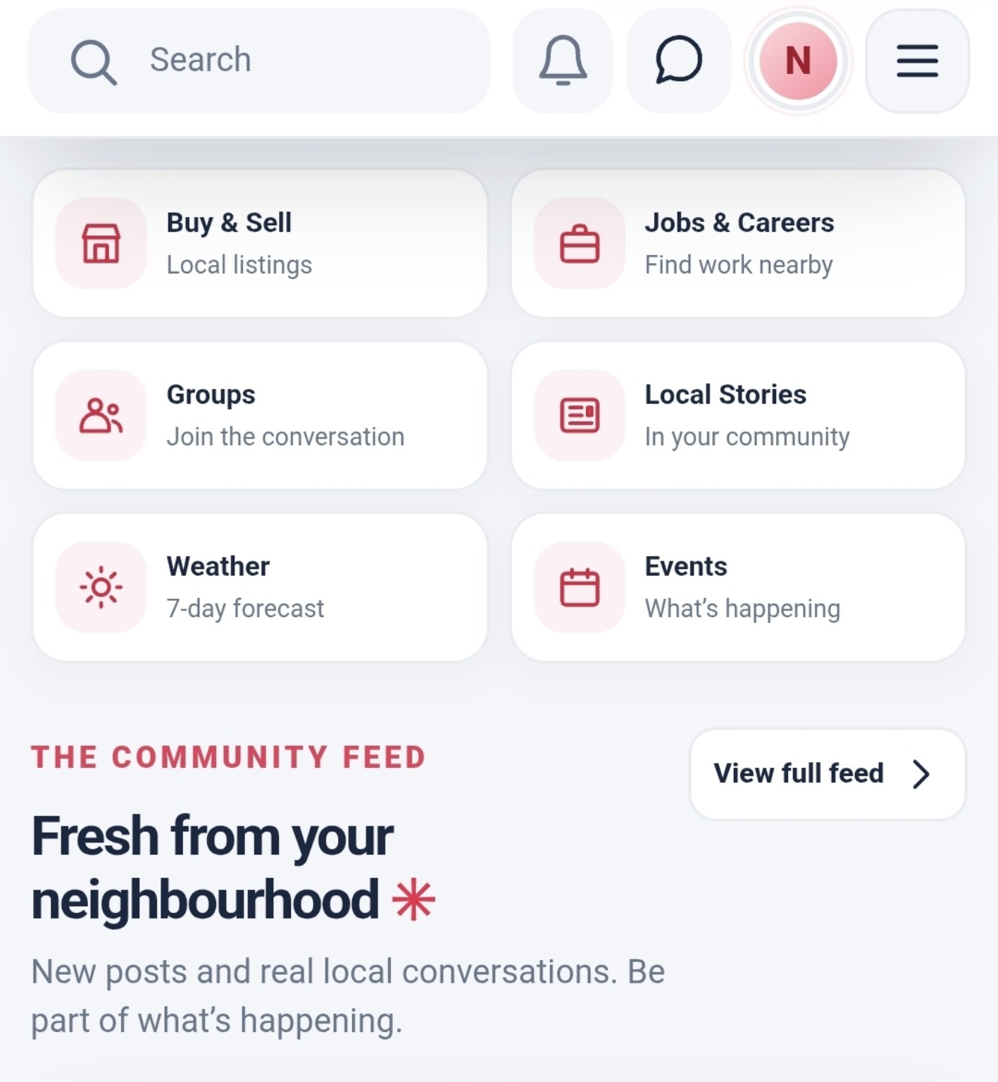 Community app preview with buy and sell, jobs, groups, local stories, weather and events