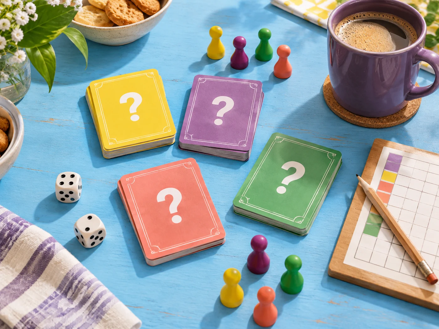 Colourful trivia cards, playing pieces and a morning coffee